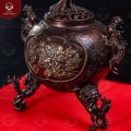 Lư xông trầm đồng vàng hun nâu nắp Công cao 19cm ngang 11,5cm    