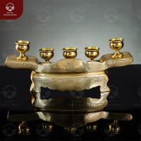 Ngai 5 chén thờ chạm ám hoa văn bằng đồng vàng catut