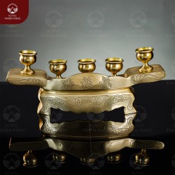 Ngai 5 chén thờ chạm ám hoa văn bằng đồng vàng catut