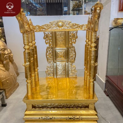 Ngai thờ và bài vị chạm chữ Nho bằng đồng mạ vàng 24k