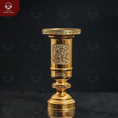 Ống đựng hương chạm Long Phụng cách điệu cao 25cm bằng đồng mạ vàng