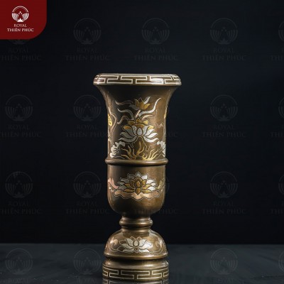 Ống hương đồng khảm tam khí dát điểm vàng chạm sen cao 30cm