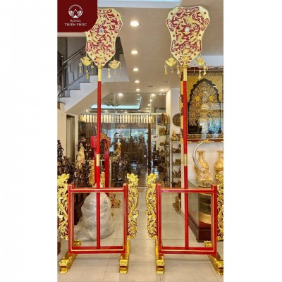 Quạt Tứ linh bằng đồng kèm giá đỡ sơn son thếp vàng 