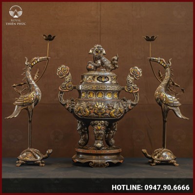 Bộ tam sự bằng đồng đỉnh hạc khảm ngũ sắc thờ gia tiên 