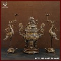 Bộ tam sự bằng đồng đỉnh hạc khảm ngũ sắc thờ gia tiên 