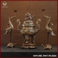 Bộ tam sự bằng đồng đỉnh hạc khảm ngũ sắc thờ gia tiên 