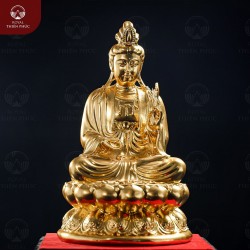 Tượng Bồ Tát Đại Thế Chí cầm hoa sen bằng đồng thếp vàng cao 30cm