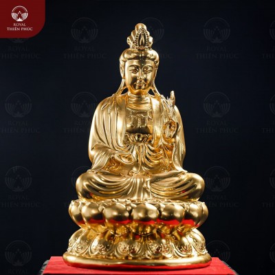 Tượng Bồ Tát Đại Thế Chí cầm hoa sen bằng đồng thếp vàng cao 30cm