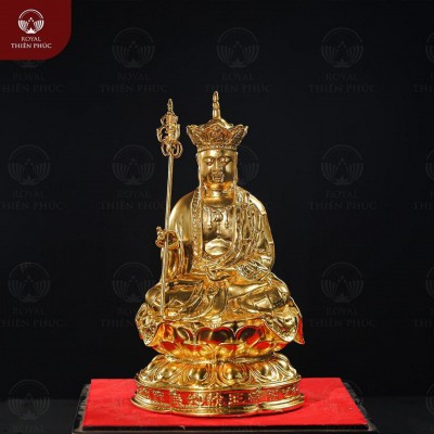 Tượng Bồ Tát Địa Tạng cầm pháp khí bằng đồng vàng dát vàng cao 30cm