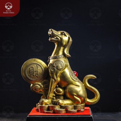 Tượng chó tài lộc cao 35cm bằng đồng vàng để bàn và tủ kệ