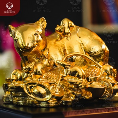 Tượng đàn chuột nằm trên chồng tiền bằng đồng mạ vàng 24k