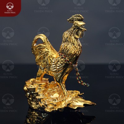 Tượng gà hoa hồng để bàn bằng đồng vàng mạ vàng 24k