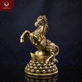 Tượng ngựa hí đứng trên mâm tiền bằng đồng vàng cao 38cm