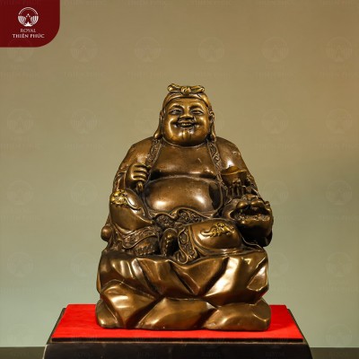 Tượng ông Thổ Địa ngồi bệ đá bằng đồng vàng hun cao 23cm 