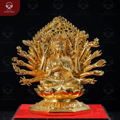 Tượng Phật Chuẩn Đề đẹp bằng đồng vàng thếp vàng cao 26cm 