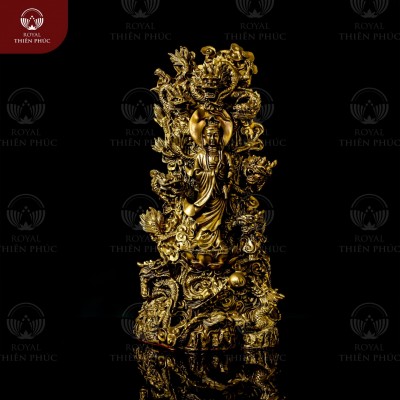 Tượng Quan Thế Âm Bồ Tát đứng trên tòa Cửu Long bằng đồng vàng