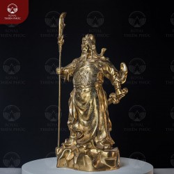 Tượng Quan Vân Trường đứng cầm Long đao bằng đồng vàng catut