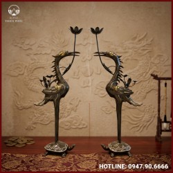 Đôi hạc thờ bằng đồng đỏ khảm tam khí