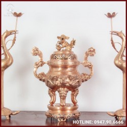 Bộ tam sự hạc thờ chạm song long chầu nguyệt bằng đồng đỏ