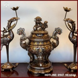 Bộ tam sự hạc đỉnh thờ cúng song long đồng đỏ khảm ngũ sắc