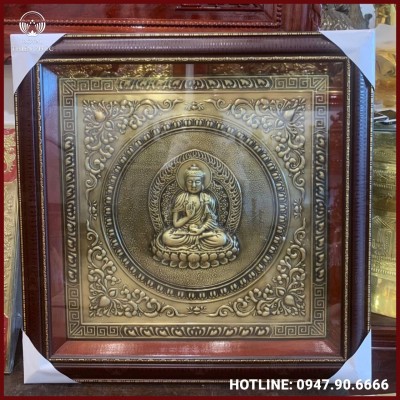 Tranh Phật bằng đồng làm màu giả cổ khung giả gỗ vuông 75cm cao cấp