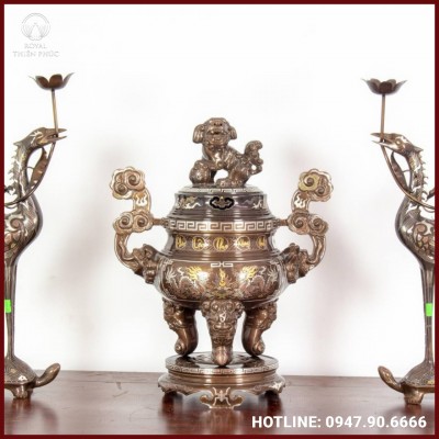 Bộ tam sự hạc thờ cúng chạm song long khảm tam khí dát điểm vàng