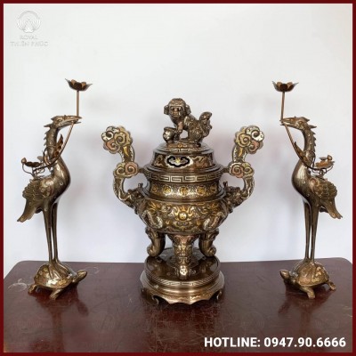 Bộ tam sự hạc thờ cúng khảm tam khí dát điểm vàng chạm nổi song long