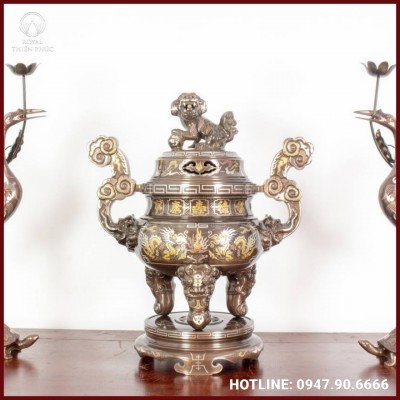 Bộ tam sự hạc đồng đỏ khảm ngũ sắc chạm nổi song long 