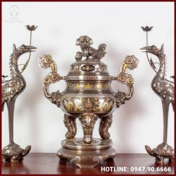 Bộ tam sự hạc đồng đỏ khảm tam khí song long tinh xảo