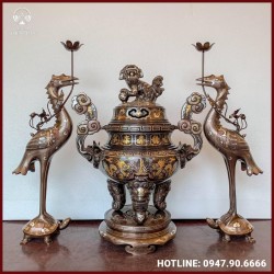 Bộ tam sự hạc đồng đỏ khảm tam khí cao cấp