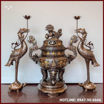 Bộ tam sự hạc đồng đỏ khảm tam khí cao cấp