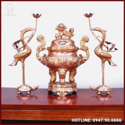 Bộ tam sự hạc thờ cúng bằng đồng đỏ 