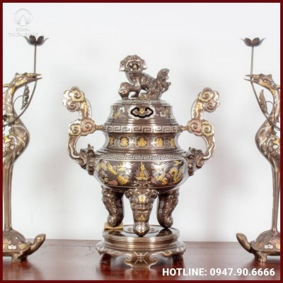 Bộ tam sự hạc bằng đồng khảm tam khí thờ cúng tinh xảo