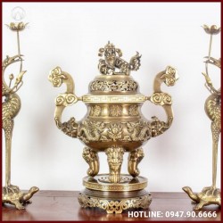 Bộ tam sự hạc thờ cúng đồng vàng hai công nghệ