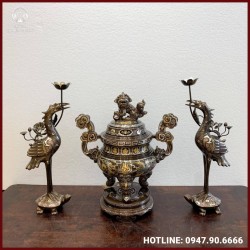 Bộ tam sự hạc thờ chạm song long chầu nguyệt khảm tam khí cao cấp