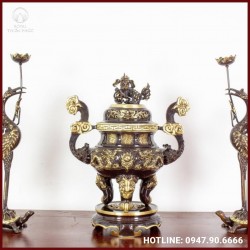 Bộ tam sự hạc thờ cúng chạm song long đồng vàng hai lai 