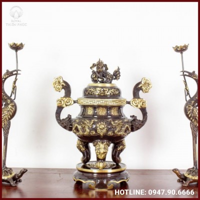 Bộ tam sự hạc thờ cúng chạm song long đồng vàng hai lai 