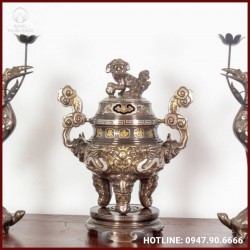 Bộ tam sự hạc đỉnh chạm nổi song long đồng đỏ khảm ngũ sắc cao cấp