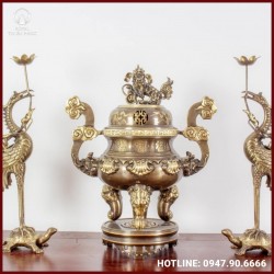 Bộ tam sự hạc chạm sòi bằng đồng hai công nghệ 