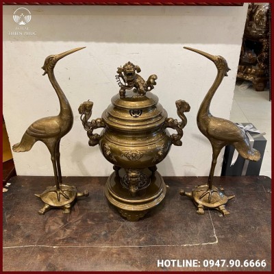 Bộ tam sự hạc chạm dơi đồng đỏ làm màu nâu cổ kính