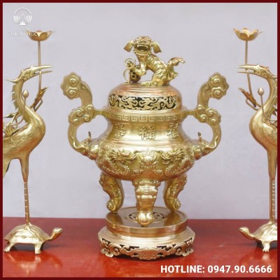 Bộ tam sự hạc đỉnh chạm song long bằng đồng catut cao cấp