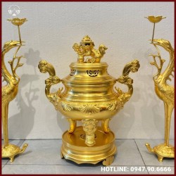 Bộ tam sự hạc thờ cúng bằng đồng dát vàng