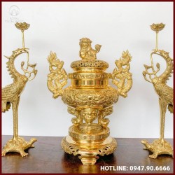 Bộ tam sự hạc chạm song long bằng đồng vàng Đài Loan 