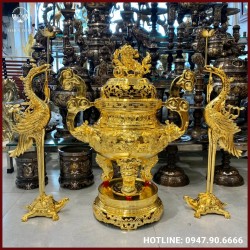 Bộ tam sự song long chầu nguyệt bằng đồng mạ vàng