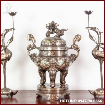 Bộ tam sự hạc đỉnh chạm song long khảm tam khí cao cấp
