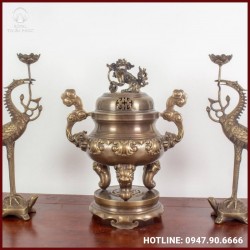 Bộ tam sự hạc đỉnh chạm sòi làm màu hun cổ kính tinh xảo