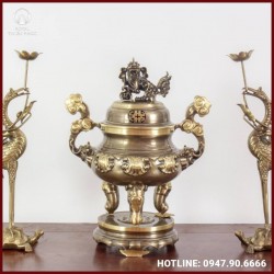 Bộ tam sự hạc thờ cúng đỉnh chạm sòi đồng đỏ cạo màu