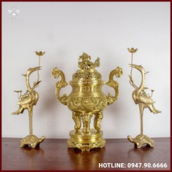 Bộ tam sự hạc thờ cúng chạm song long chầu nguyệt đồng vàng mộc