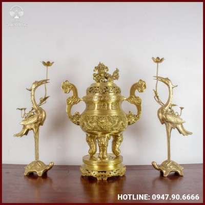 Bộ tam sự hạc thờ cúng chạm song long chầu nguyệt đồng vàng mộc