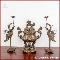 Bộ tam sự hạc đỉnh chạm sòi làm màu giả cổ thờ cúng 